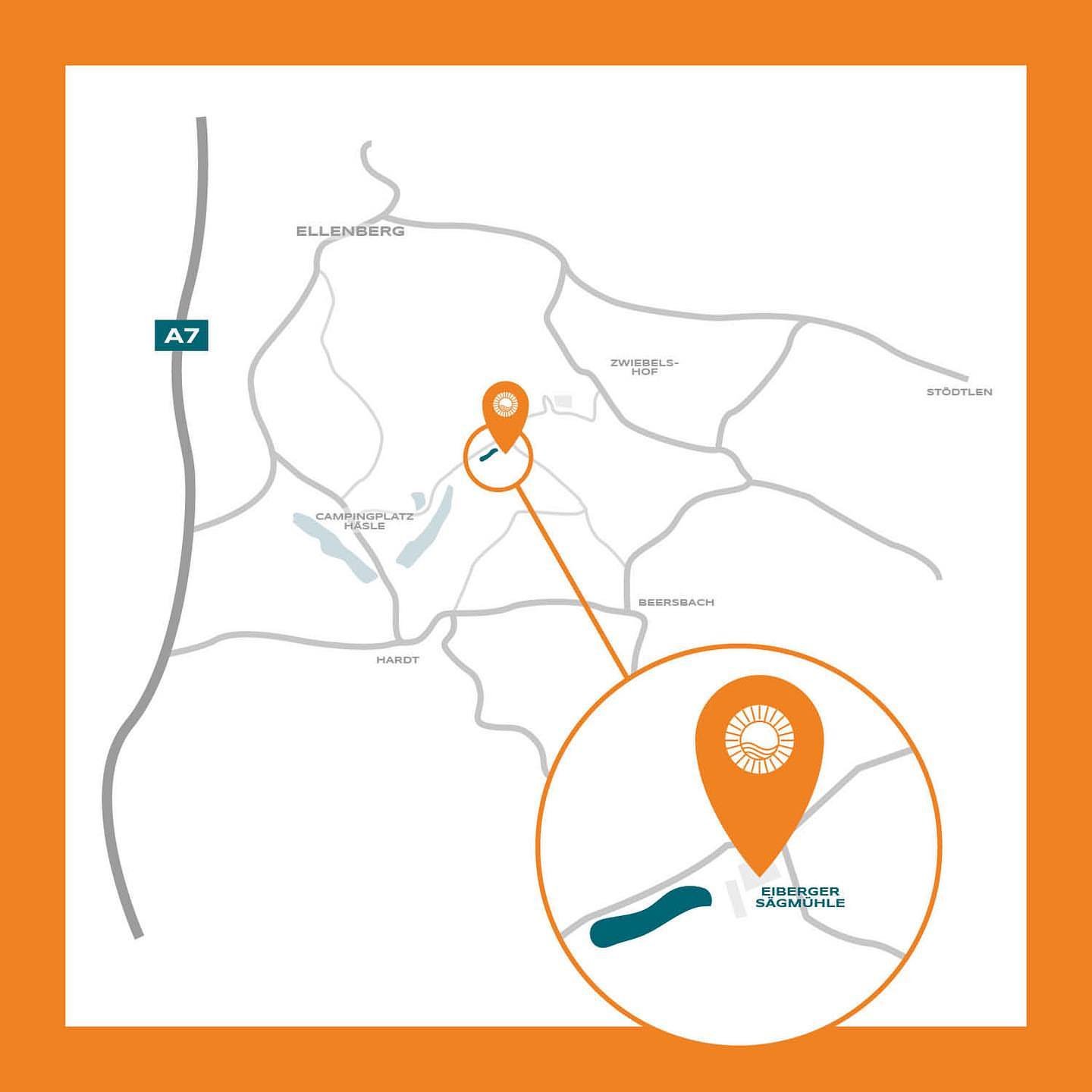 Anfahrtskizze: Eiberger Sägmühle bei Ellenberg, nahe der A7, mit Campingplatz Häsle und Beersbach